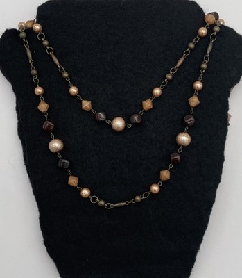 Vintage Style Brown Tones Beaded Layered Necklace With Geometric Beads 37 In