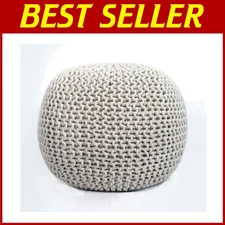 Round Knitted Bean Bag Pouf - Cotton Foot Stool - Natural