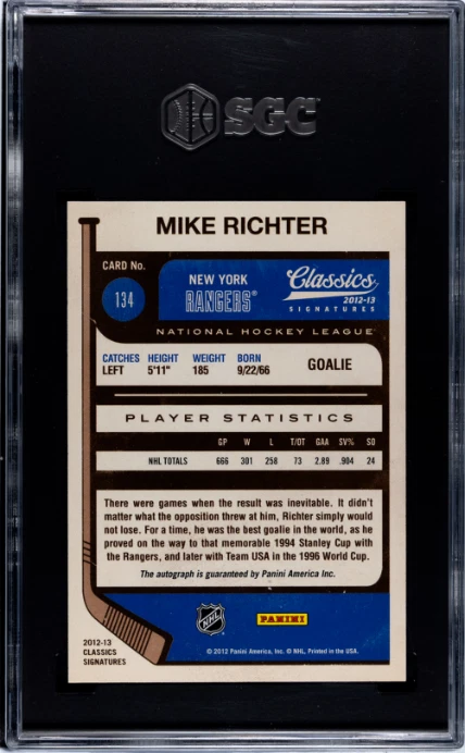 2012-13 帕尼尼经典签名 #134 Mike Richter 纽约游骑兵名人堂 — 第 2/2 张图片
