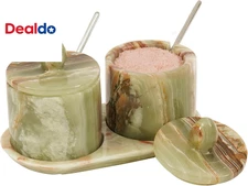 Marble Salt Cellar with Lid and Tray 4 Inch Green Onyx Handmade Salt Container,