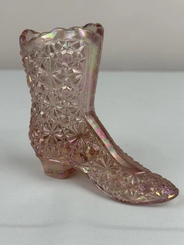 Vintage Fenton Glass Daisy & Button Rose Pink Iridescent Boot Shoe