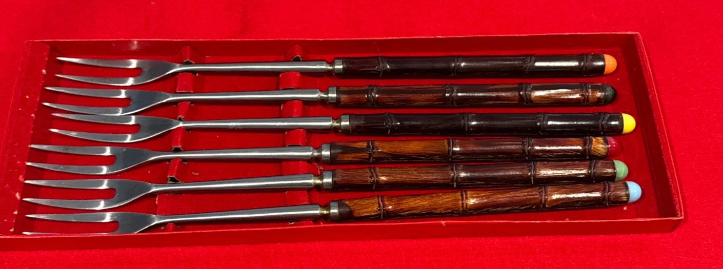Vintage Bamboo Metal Tiki Fondue Forks Retro Mid Century MCM Set of 6 In Box