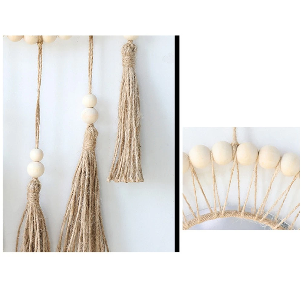 Hanging Wall with Wood Beads Fringe Handmade Round Decoration W7X46358