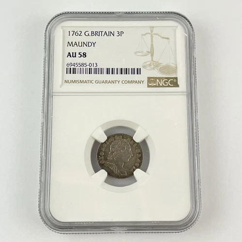 NGC Graded Great Britain 1762 George III Maundy Threepence 3p AU 58 AU58