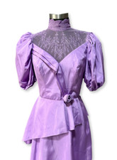 Vintage Lavender Lace Satin Long Puffy Sleeve Gown / Elegant / 50's / Size 2