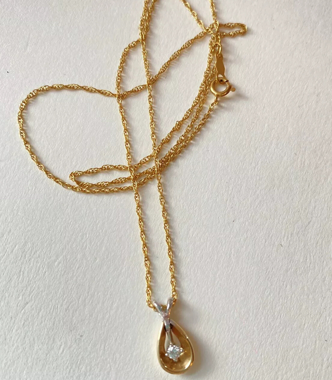 14k Gold Diamond Teardrop Pendant Necklace 18" Vintage Gem