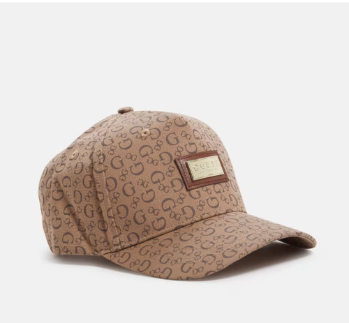 NEW WT MEN'S GUESS BROWN TAN BEIGE BASEBALL CAP HAT LOGO GOLD HARDWARE PLATE