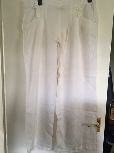 BNWOT Miss Selfridge White Wide Leg Linen Trousers Size 14 Leg 32 Pockets - Picture 2 of 3
