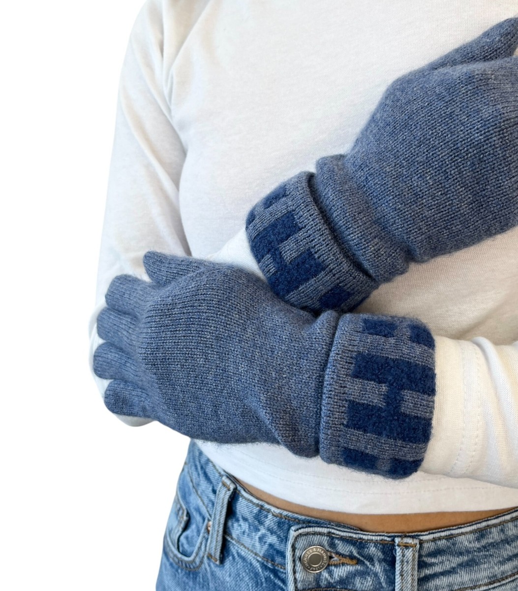 HERMES Vintage H Logo Gloves #S Knit Fashion Winter Accessory Blue