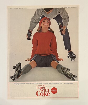Coca-Cola 1964 Print Ad 10x12.5 Boy Girl Roller Skating Coke Bottles