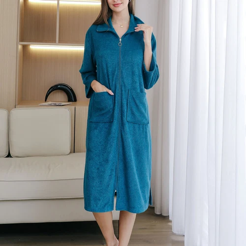 Women's Full Zip Robe 3/4 Sleeve Soft Terry Cloth Comfy Pockets House Coat - Picture 29 of 44