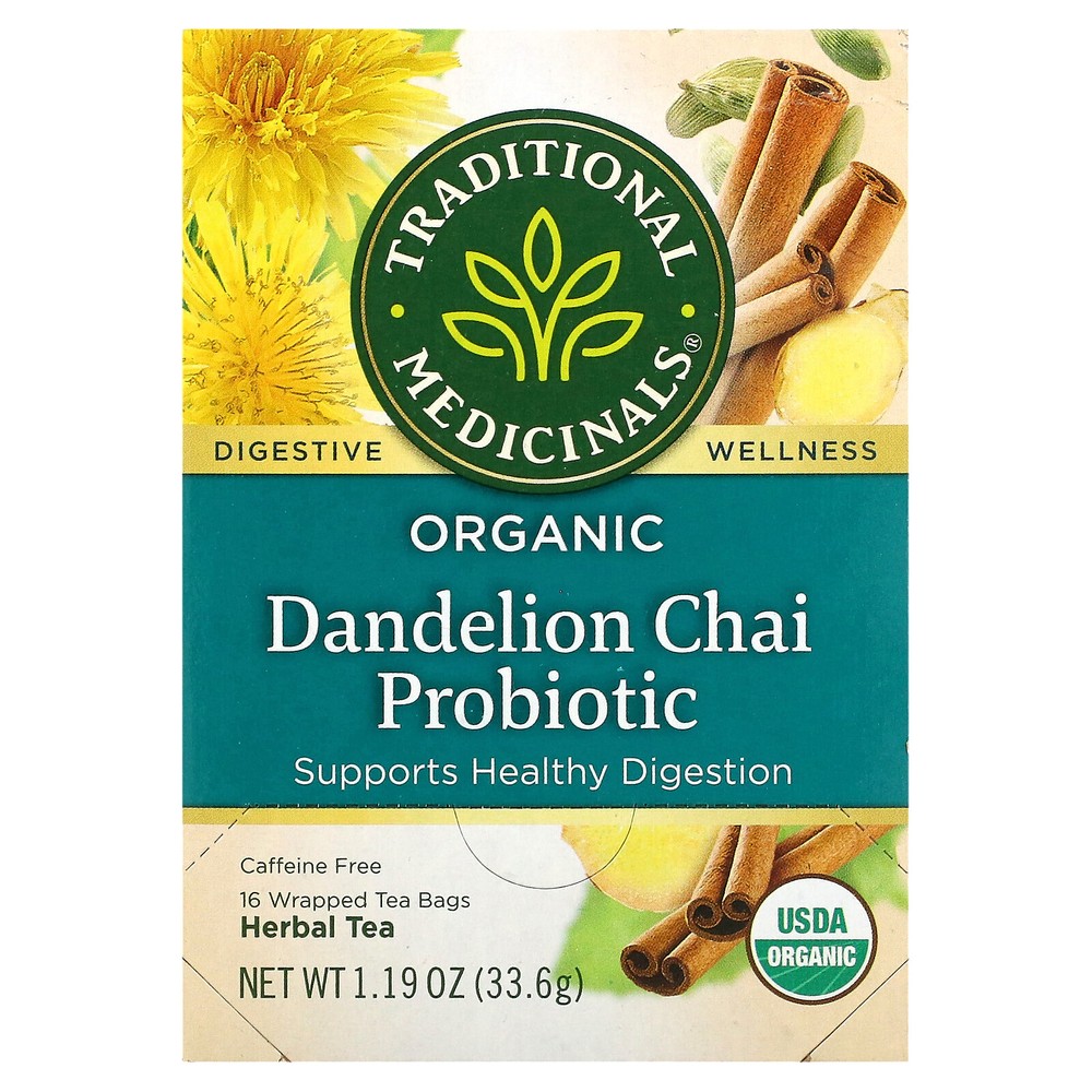 Organic Dandelion Chai Probiotic, Caffeine Free, 16 Wrapped Tea Bags, 1.19 oz