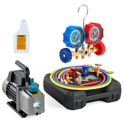 OMT Combo 3.5CFM 1/4HP HVAC Vacuum Pump & A/C Manifold Gauge Set 3 Hoses AC Work