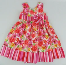 Brooke Lindsay Floral & Stripe Sleeveless Pink Dress - Girls Size 4 -Bow and Tie