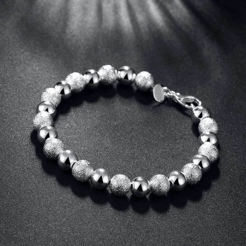 Damen 925 Sterling Silber 8 mm mattiert schlicht Hohl Perlen Kette Armband - Bild 4 von 6