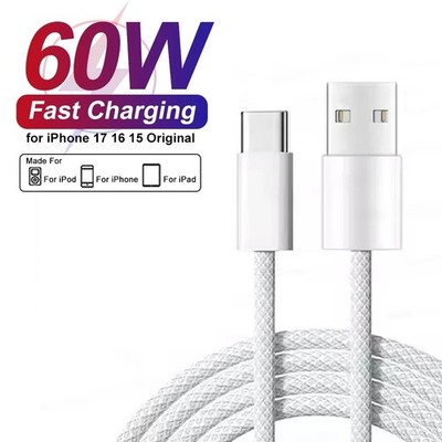 60W USB-C Fast Charging Cable Type-C Braided Data Cord for iPhone 16 15 17 Pro