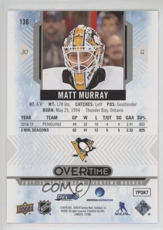 2017-18 Upper Deck Overtime Matt Murray #136 - Image 2 of 2