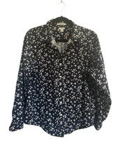 LL Bean Womens Large Petite Navy Floral Button Shirt Wrinkle Free Daisy #5434