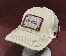 Jeep Authentic Strapback Hat Trucker Mesh Distressed Patch Embroidered Tan NWT