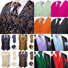 Hi-Tie Mens Waistcoat Paisley Satin Plain Floral Vest Tie Hankie Cufflinks Set