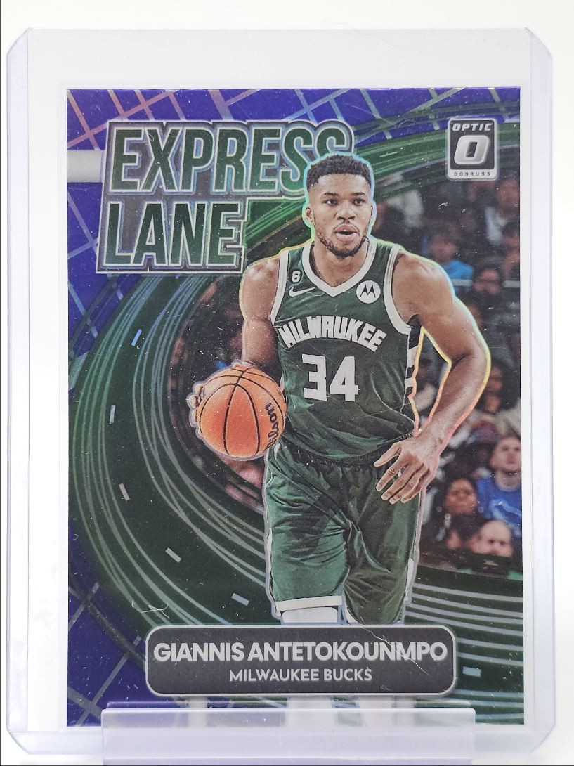 GIANNIS ANTETOKOUNMPO 2022-23 DONRUSS OPTIC EXPRESS LANE PURPLE PRIZM Q3813