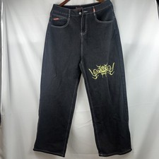 JNCO JEANS Black Wide Leg Skate Pants Tribal Skull Contrast Stitch 2010 W34 L32