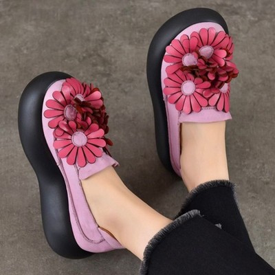 Thick Sole Loafers Women Genuine Leather Flower Flat Platform Creeper Ankle Boot