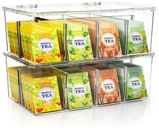 Tea Bag Organizer with Lids, Stackable Tea Box, 2 Pack, Clear
