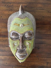 African Beaded Mask 14.5” Cowrie Shell Wall Hanging Handcrafted Wood Tribal Deco