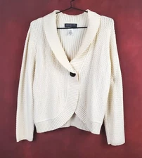Jones New York 1-Button Cardigan Cream Ribbed & Textured Knit Shawl Collar Large