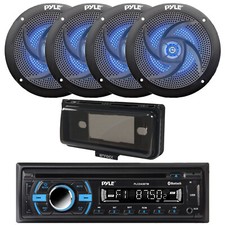 Pyle Marine CD Radio, 4x 5.25" 180W Blue Flash LED Boat Speakers, Cover Black