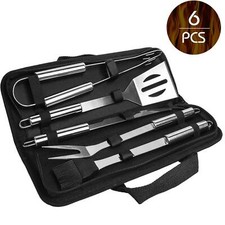 6 tlg BBQ Grill Set aus Edelstahl Zange Zubehör Grillbesteck Steak Messer Gabel