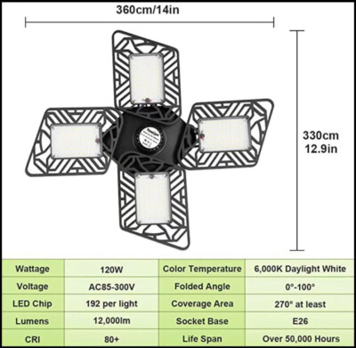 120W 12000LM LED Deformable Garage Lights Bulb Fixture Ceiling WorkShop Lamp E27
