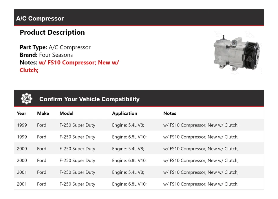 Compresor de aire acondicionado para Ford F-250 Super Duty 1999-2001 4 estaciones 2000 Foto 2 de 4
