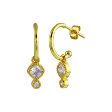 Sterling Silver Yellow Gold Plated Semi Hoop Earrings w/ Dangling CZ Stones
