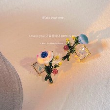 Rose Peony Bouquet Flower Enamel Earrings Handcrafted Fast Shipping