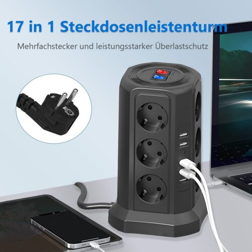 12 Fach Steckdosenleiste Tower 5 USB EU Mehrfachsteckdose Überspannungsschutz - Bild 2 von 10