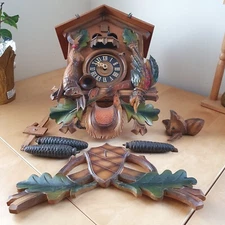 German Black Forest Painted Carved Wood Cuckoo Hunter Clock