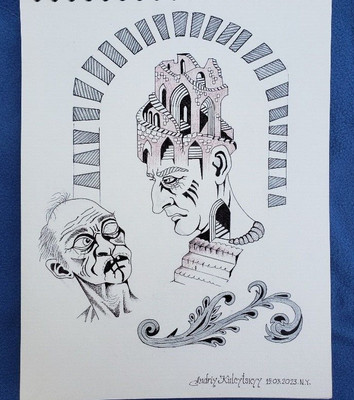 Painting Felt-tip Pen  Pencil Drawing TWO MYSTERY FACE'S size 9/12 inch
