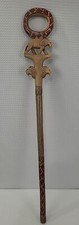 Carved Wooden Cane Walking Stick w/Carved Lions Unique Stained Design 37 inches
