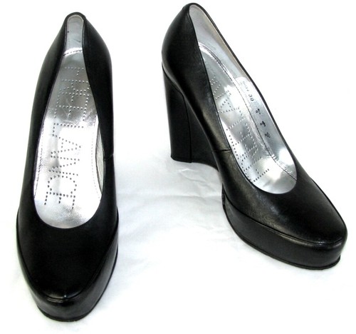 black leather wedge court shoes