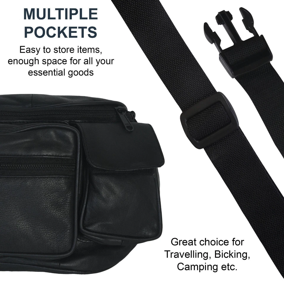 Riñonera de cuero cinturón bolsa cintura cadera bolso de viaje grande para hombre mujer negro Foto 4 de 4