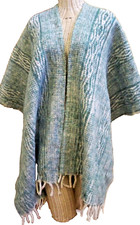 Vintage Hand Woven Wrap Serape Poncho Green White Twisted Fringe 42"x65" Mexico