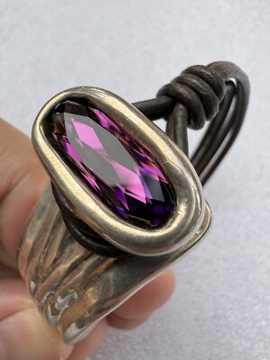 Uno De 50 Fuchsia Elements Crystal OPPOSITE Cuff Silver Leather Bracelet 6''