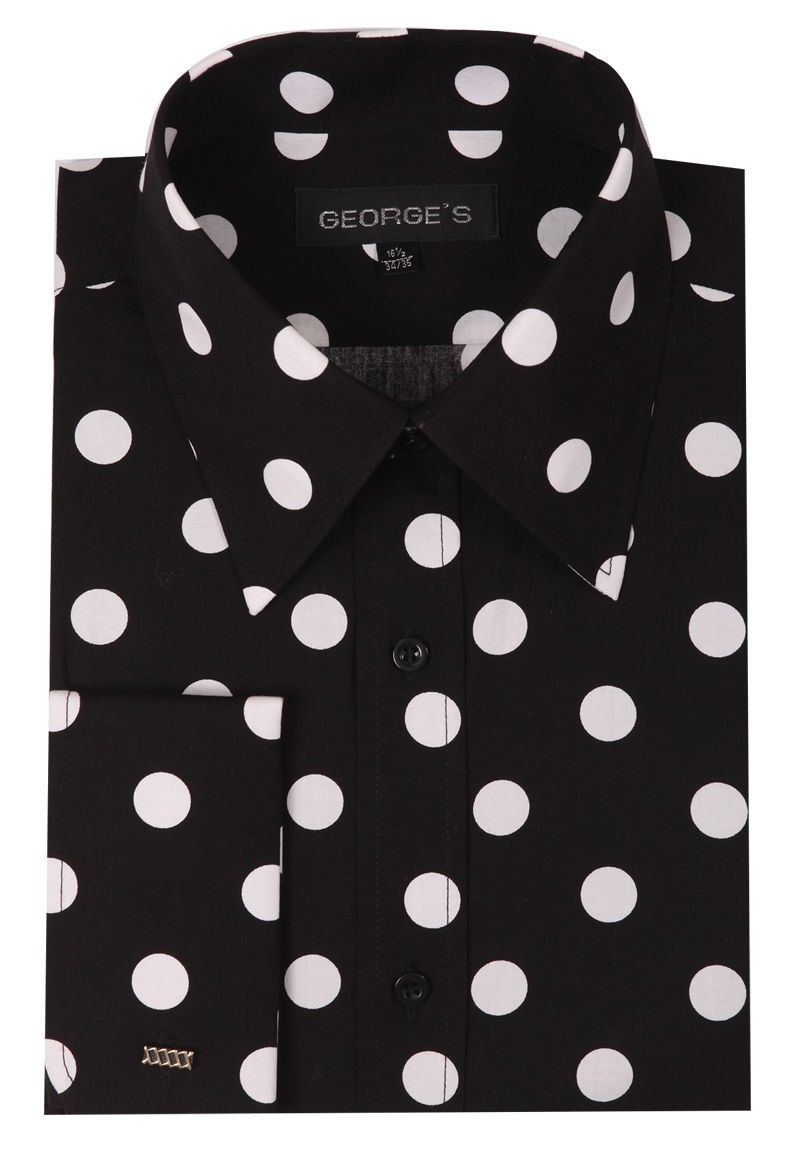 Men's 100% Cotton Polka Dot Design Dress Shirt Black/White White