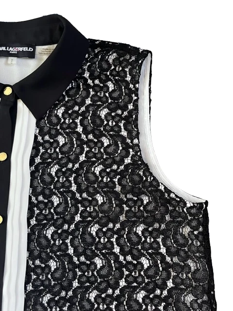 Karl Lagerfeld NWOT Black Lace Overlay White Sleeveless Button Down Shirt Medium - Image 3 of 4