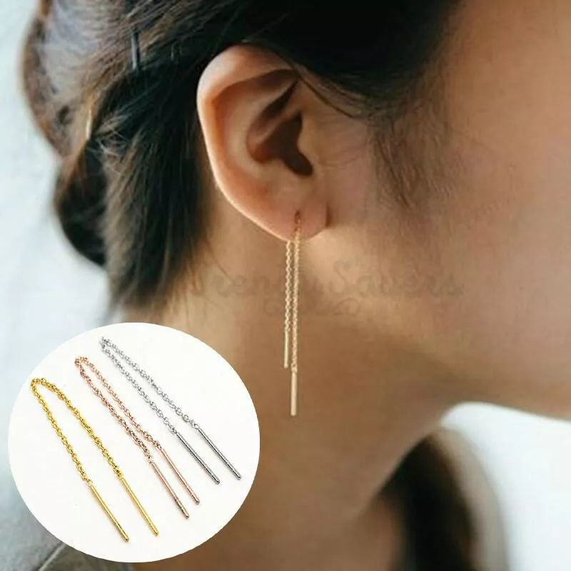 Hypoallergenic Sterling Silver Rose Gold Party Bar Threader Drop Dangle Earrings