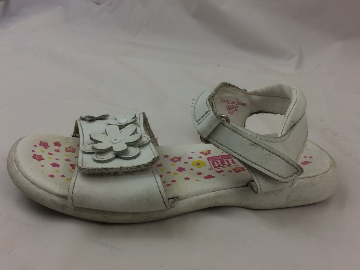 Smart Fit Girls 13 WIDE Youth Ankle Strap Sandal Leather White Floral Dress  Shoe