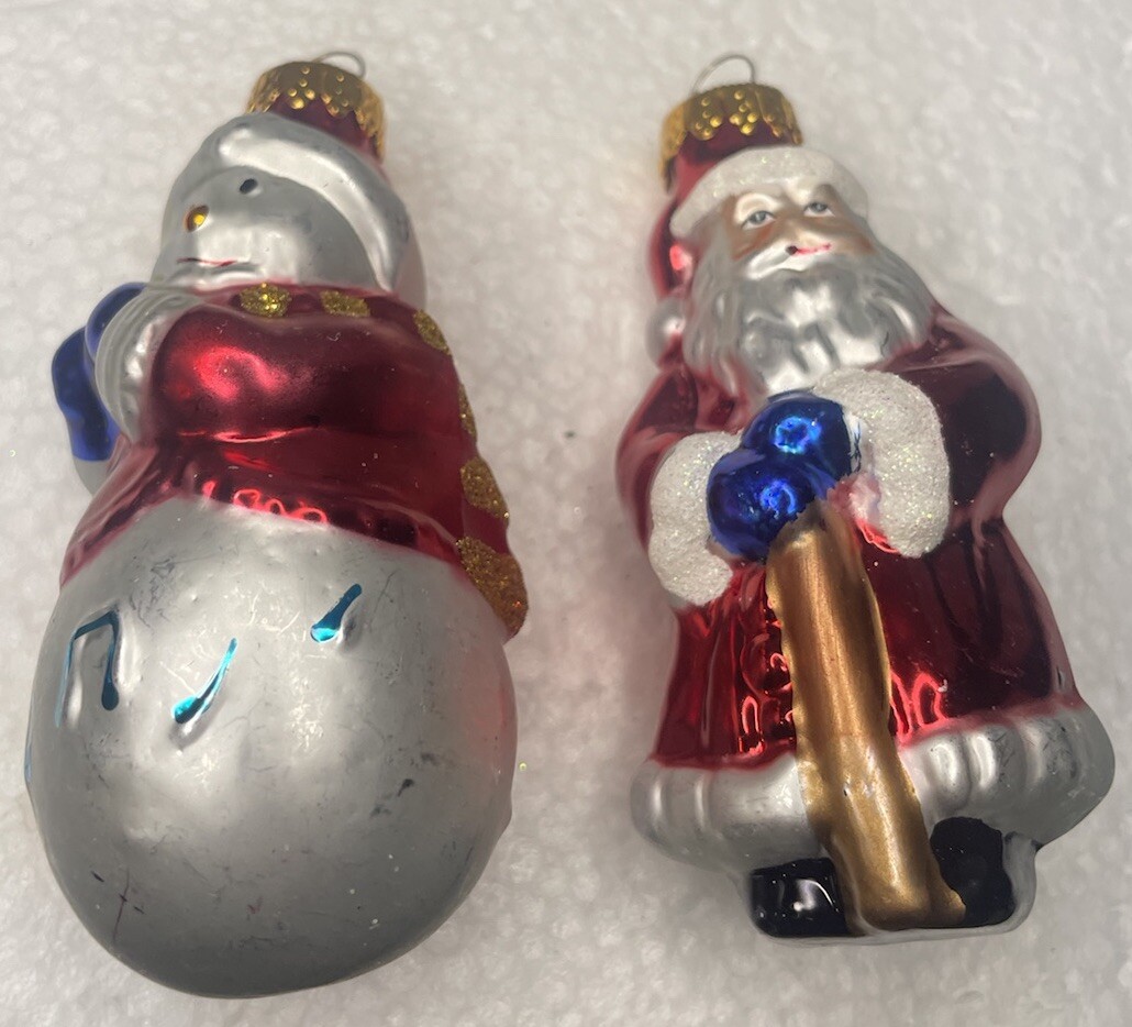 Vintage G&D Glass Ornaments Santa And Snowman Lot Of 2