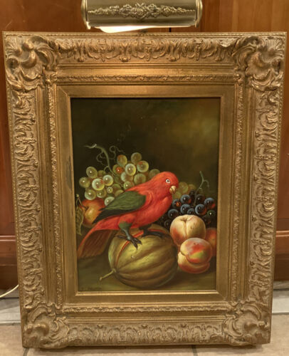 Vintage Signed J. NODRIK Oil Painting RARE RED BIRD “Still Life With Fruit”